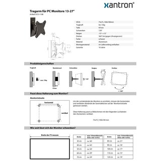 Wandhalterung fr PC Monitore 13-27, Xantron ECO-110B