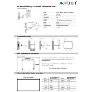 TV Wandhalterung ausziehbar schwenkbar 23-42 weiss, Xantron TOPLINE-222-W