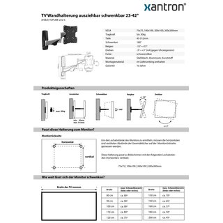 TV Wandhalterung ausziehbar schwenkbar 23-42, Xantron TOPLINE-222-S