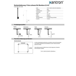 Deckenhalterung 119cm schwarz für Monitore 22-42, Xantron PRO-CMS-S200B