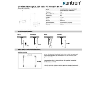 Deckenhalterung 128.5cm weiss für Monitore 37-80, Xantron PRO-CMS-S600W