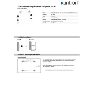 TV Wandhalterung ultraflach Seilsystem 37-70, Xantron SLIMLINE-01X