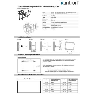 TV Wandhalterung ausziehbar schwenkbar 60-100, Xantron STRONGLINE-980