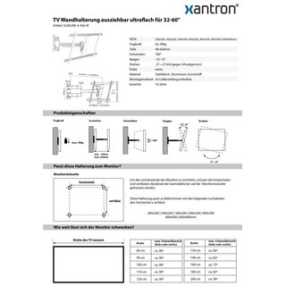 TV Wandhalterung ausziehbar ultraflach fr 32-60 weiss, Xantron SLIMLINE-A-466-W
